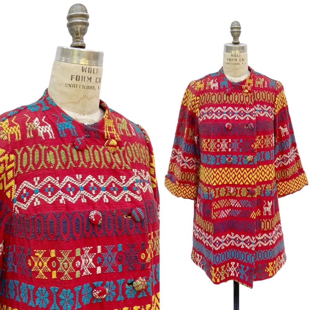 Vintage Huipil Cats Dogs Embroidered Frock Coat